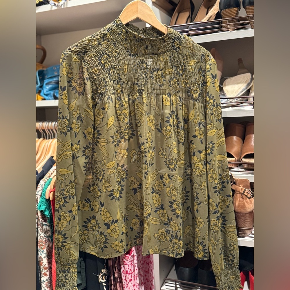 Abercrombie & Fitch Olive Green Paisley mock neck blouse